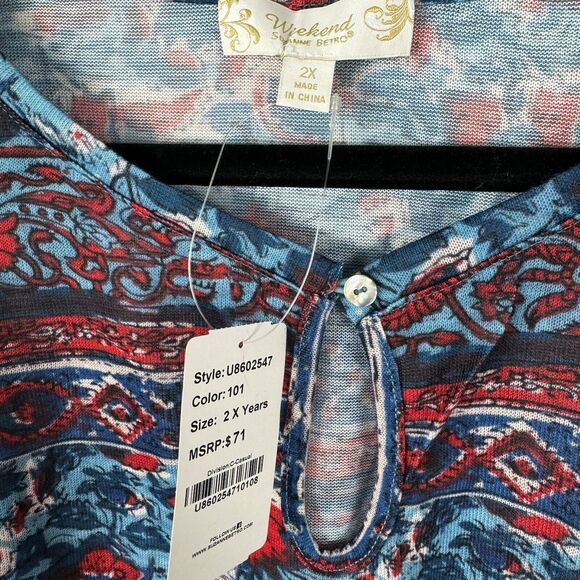 Suzanne Betro Weekend Women's Tunic Top Size 2X Red/Blue Print Long Sleeves NEW - Picture 2 of 6